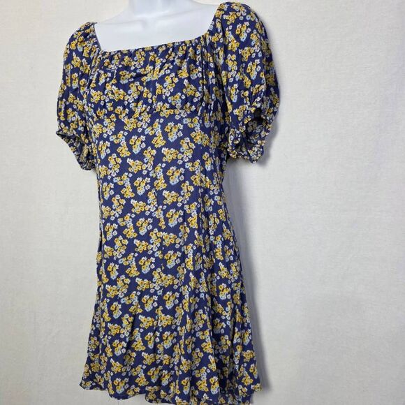 Forever 21 Blue Floral Puff Sleeve Cutout Dress L - Picture 3 of 11